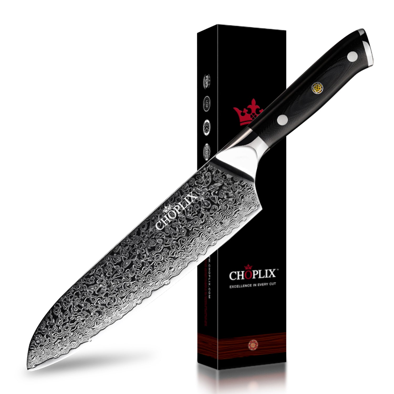 Midnight Diamond Series 7-inch Santoku Knife - 67 Layer Damascus Blade with G10 Handle - CHOPLIX