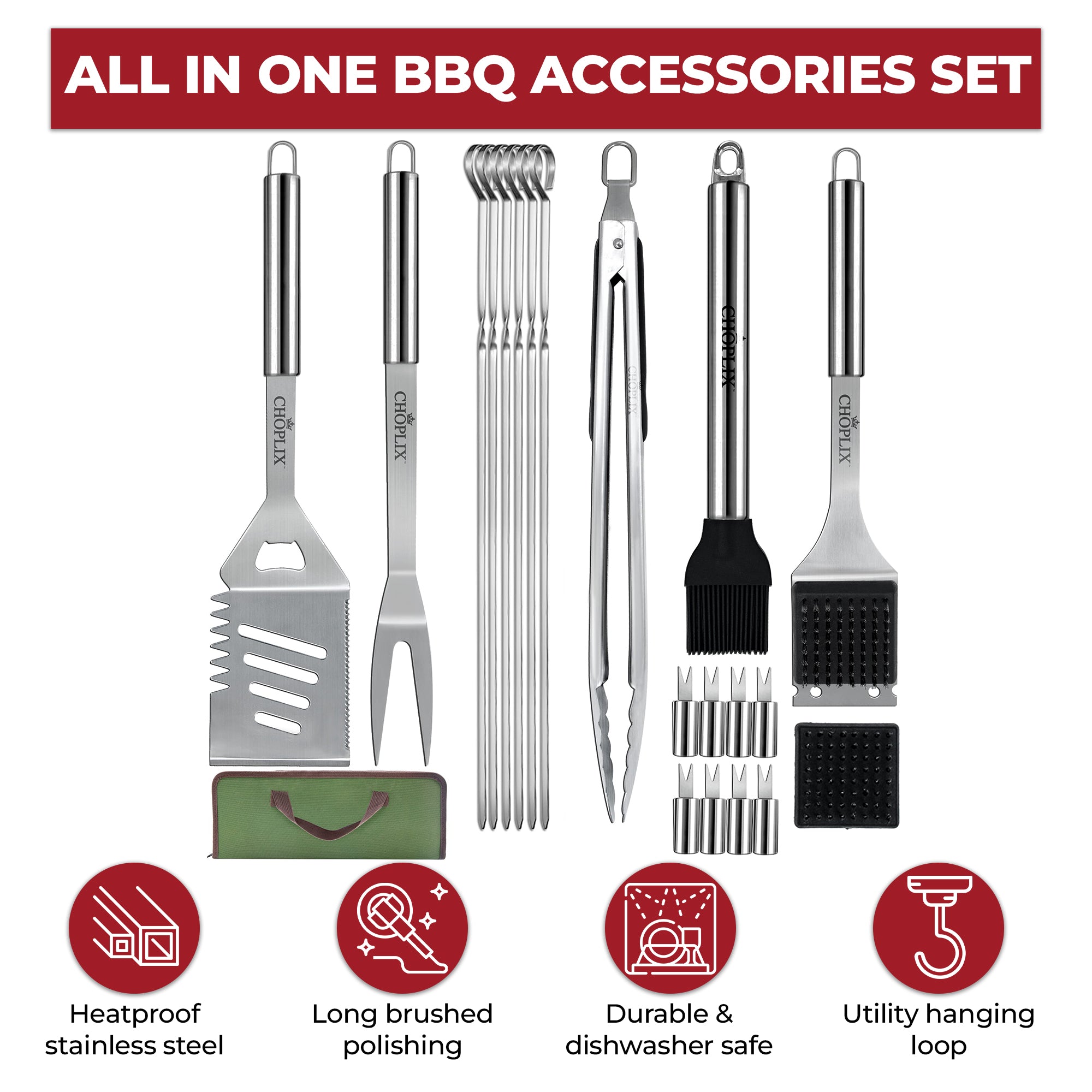 CHOPLIX Premium Stainless Steel Grilling Set - 20 Piece Set with Olive Carry Bag - CHOPLIX