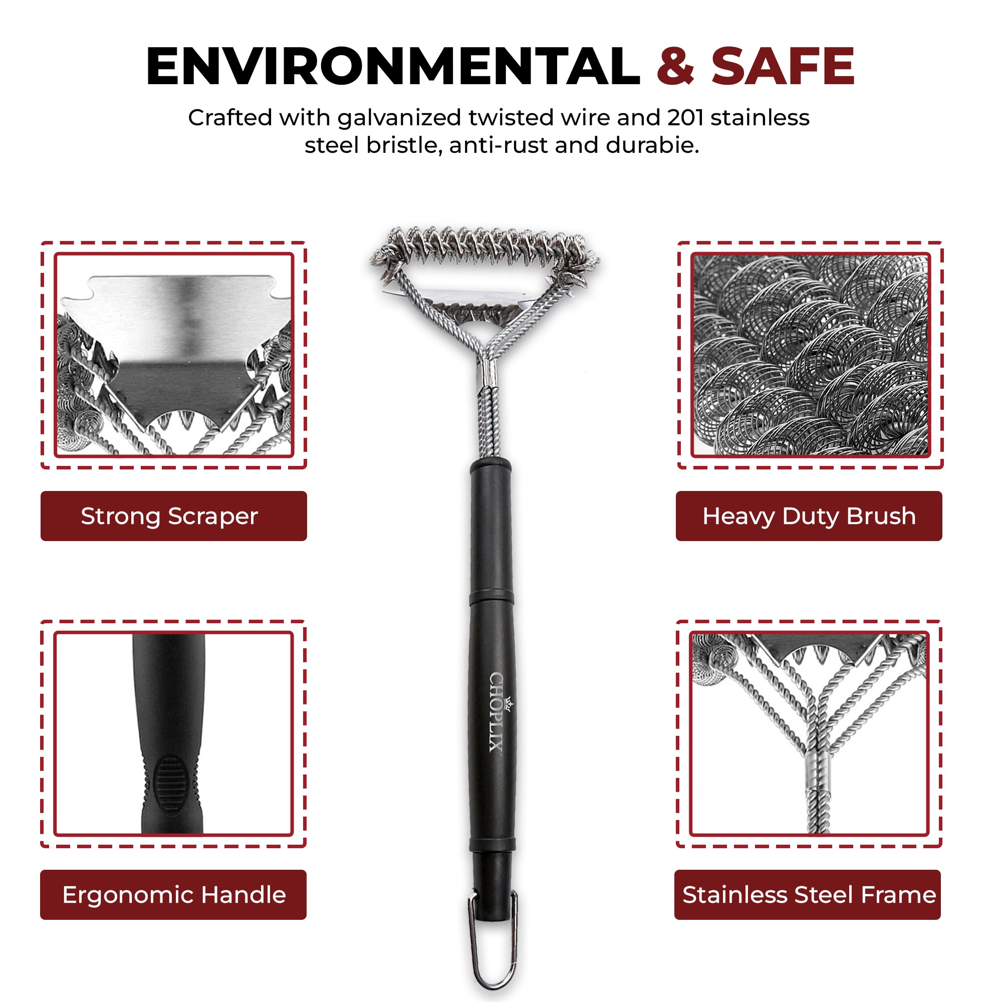 GlistenPro BBQ Grill Cleaning Brush with Bristle-Free Design & Built-In Scraper - CHOPLIX