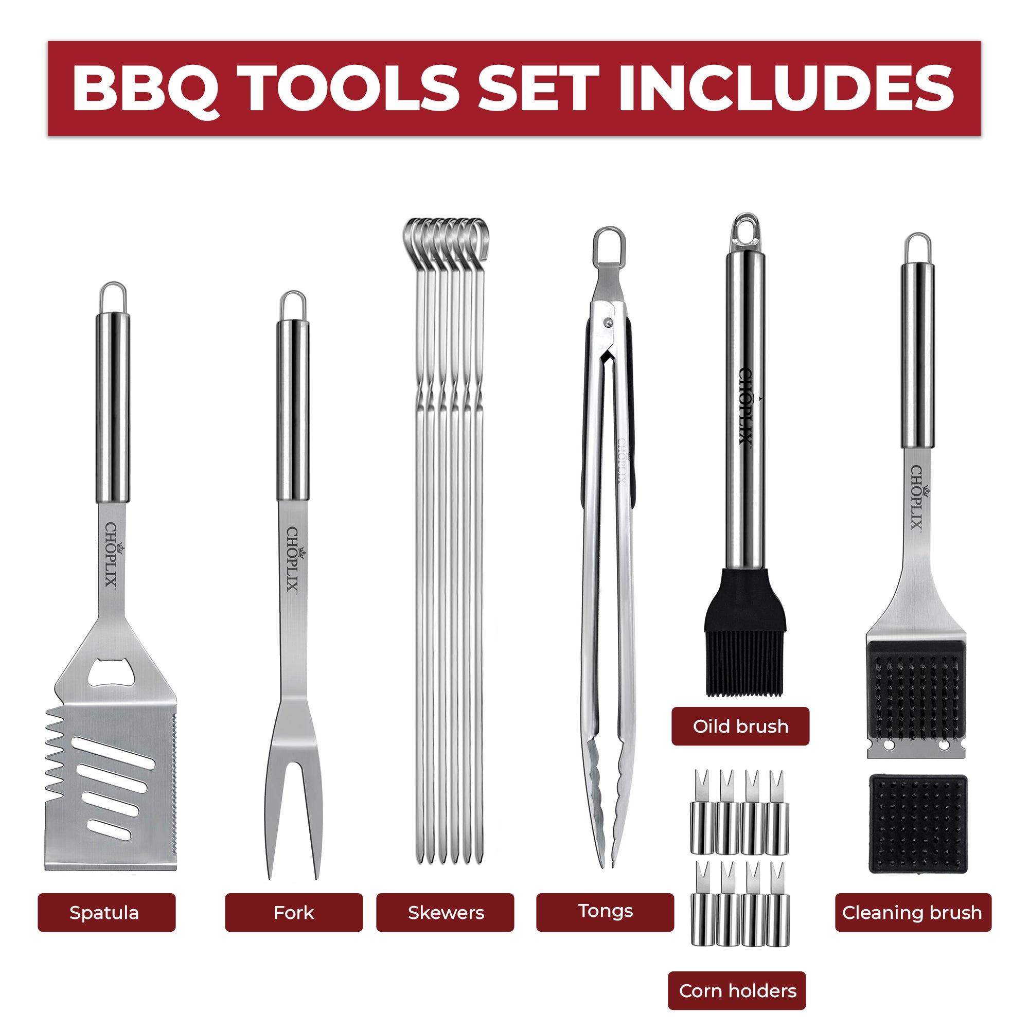 CHOPLIX Premium Stainless Steel Grilling Set - 20 Piece Set with Olive Carry Bag - CHOPLIX