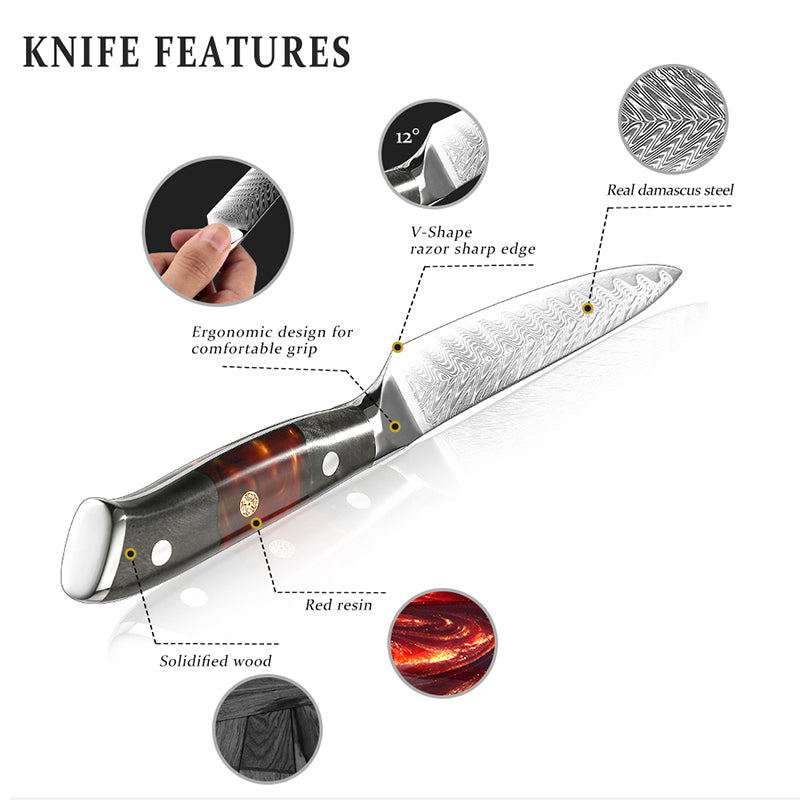 EmberSharp Series 5-inch Utility Knife – 67 Layers Damascus Steel Blades with Solidified Wood + Red Resin Handle - CHOPLIX