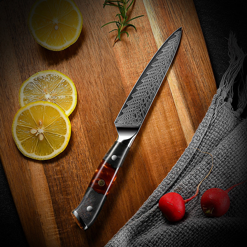 EmberSharp Series 5-inch Utility Knife – 67 Layers Damascus Steel Blades with Solidified Wood + Red Resin Handle - CHOPLIX