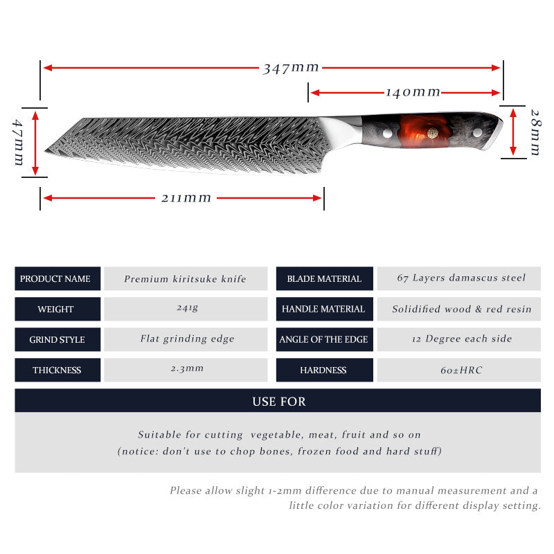EmberSharp Series 8-inch Kiritsuke Knife – 67 Layers Damascus Steel Blades with Solidified Wood + Red Resin Handles - CHOPLIX