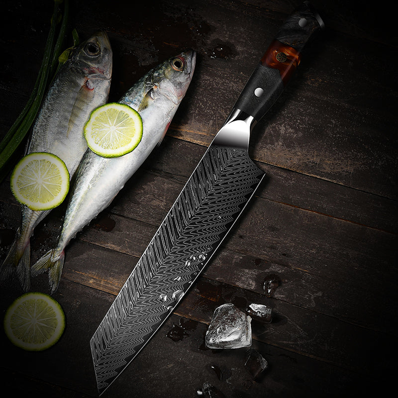 EmberSharp Series 8-inch Kiritsuke Knife – 67 Layers Damascus Steel Blades with Solidified Wood + Red Resin Handles - CHOPLIX