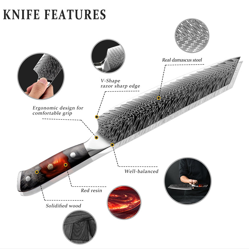 EmberSharp Series 8-inch Kiritsuke Knife – 67 Layers Damascus Steel Blades with Solidified Wood + Red Resin Handles - CHOPLIX