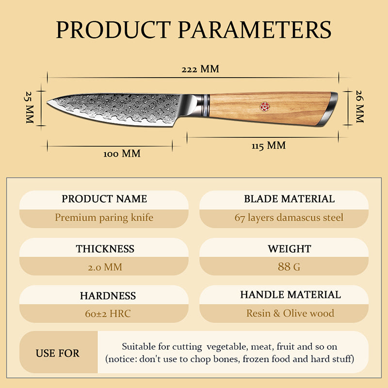 Legacy Forge 4-inch Paring Knife – 67-Layer Damascus Blade with Resin+Olive wood Handles - CHOPLIX