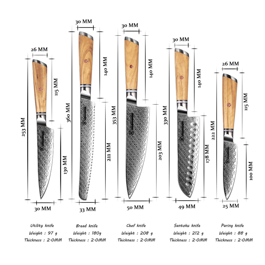 Legacy Forge Series 5-Piece Knife Set - Damascus Steel Blades with Resin and Olive Wood Handles - CHOPLIX