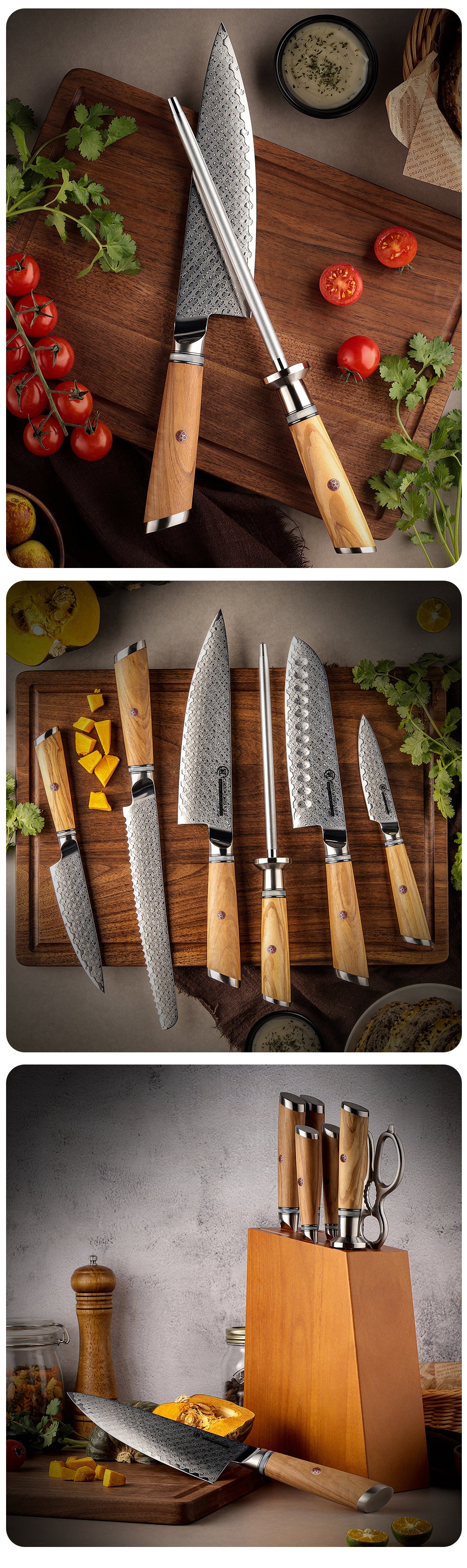 Legacy Forge Series 5-Piece Knife Set - Damascus Steel Blades with Resin and Olive Wood Handles - CHOPLIX