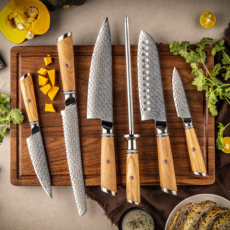 Legacy Forge Series 5-Piece Knife Set - Damascus Steel Blades with Resin and Olive Wood Handles - CHOPLIX