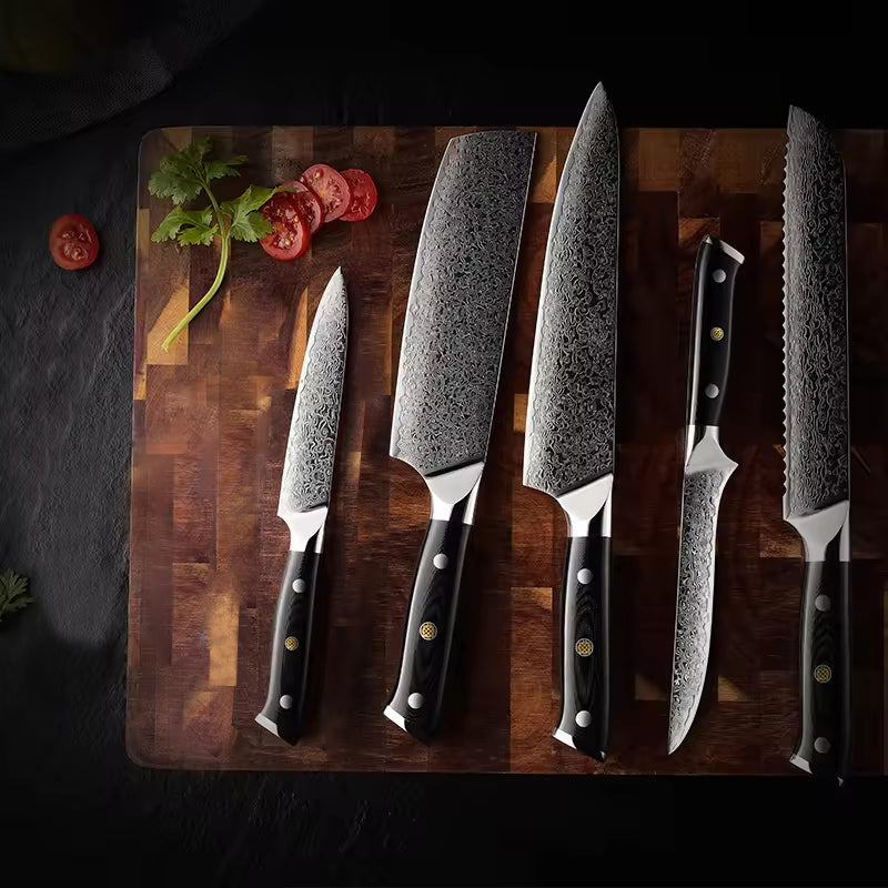 Midnight Diamond Series 5-Piece Knife Set - Damascus Steel Blades with G10 Handles - CHOPLIX