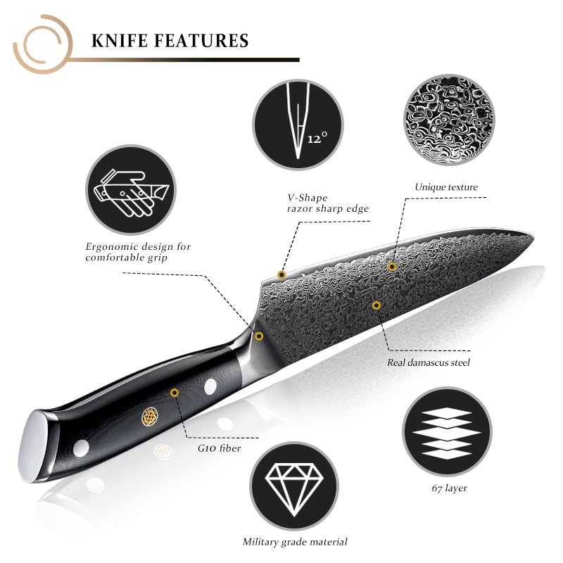 Midnight Diamond Series 5-Piece Knife Set - Damascus Steel Blades with G10 Handles - CHOPLIX