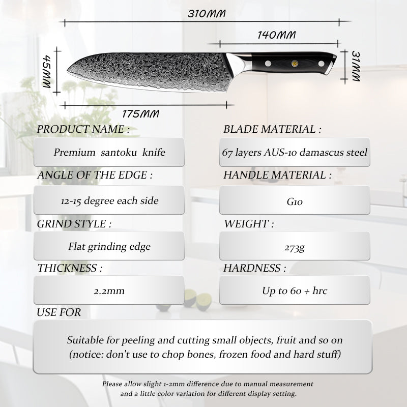 Midnight Diamond Series 7-inch Santoku Knife - 67 Layer Damascus Blade with G10 Handle - CHOPLIX