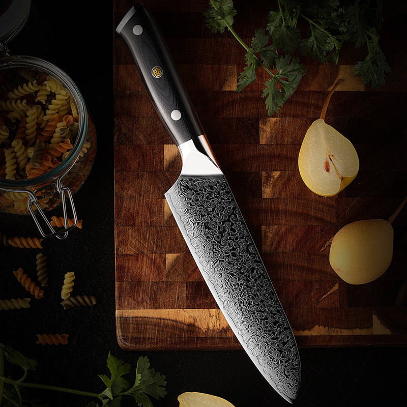 Midnight Diamond Series 7-inch Santoku Knife - 67 Layer Damascus Blade with G10 Handle - CHOPLIX