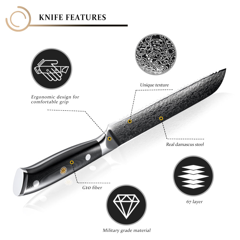 Midnight Diamond Series 8-inch Bread Knife - 67 Layers Damascus Steel Blade with G10 Handle - CHOPLIX