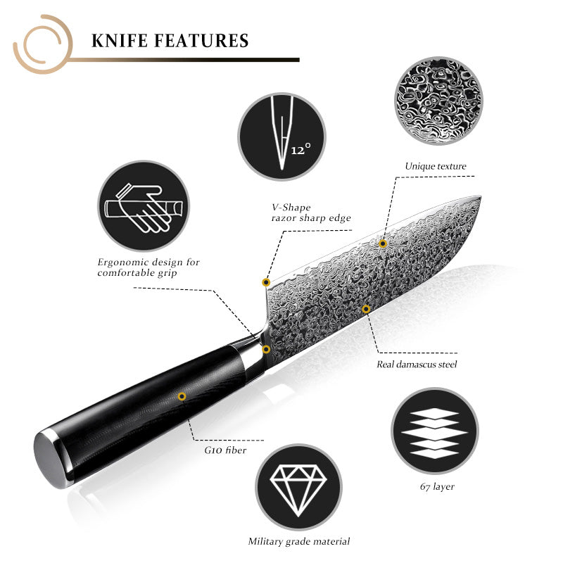 Obsidian Series 7-inch Santoku Knife - 67 Layer Damascus Blade with G10 Handle - CHOPLIX
