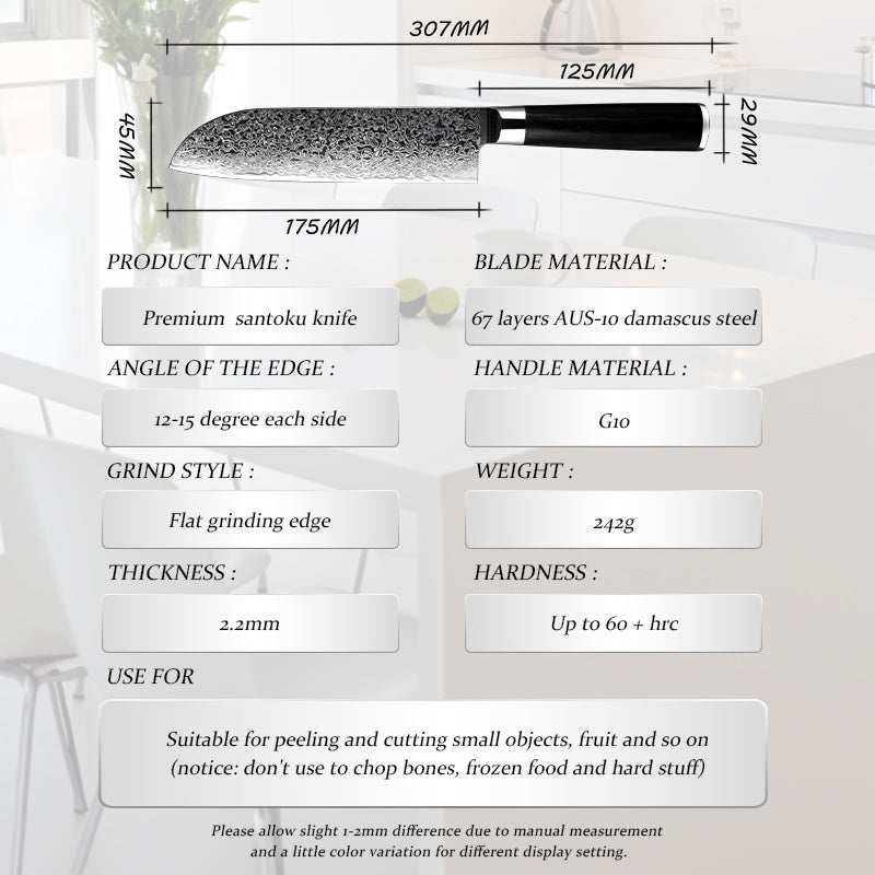 Obsidian Series 7-inch Santoku Knife - 67 Layer Damascus Blade with G10 Handle - CHOPLIX