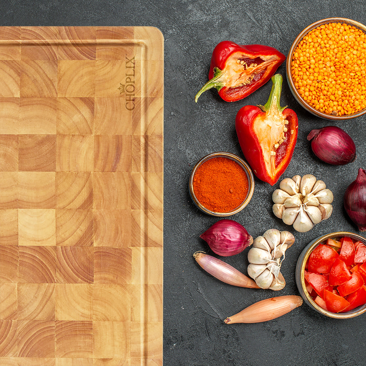 RubberWood Chef’s Choice Cutting Board – 17"x13"x1.5" BPA-Free Wooden Chopping Board with Juice Groove, Soft Rubber Feet & Built-in Handles