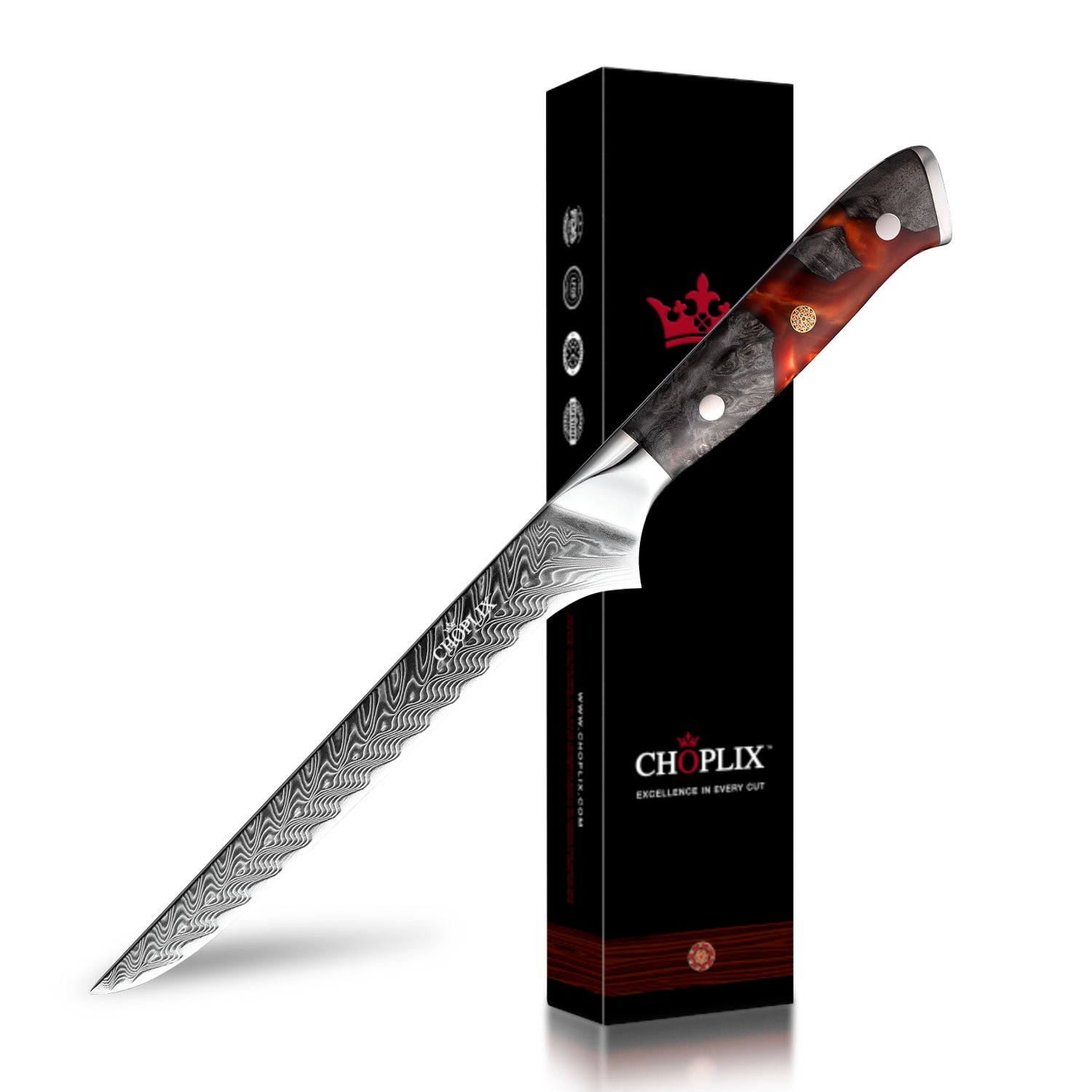 EmberSharp Series 6-inch Boning Knife – 67 Layers Damascus Steel Blades with Solidified Wood + Red Resin Handle - CHOPLIX