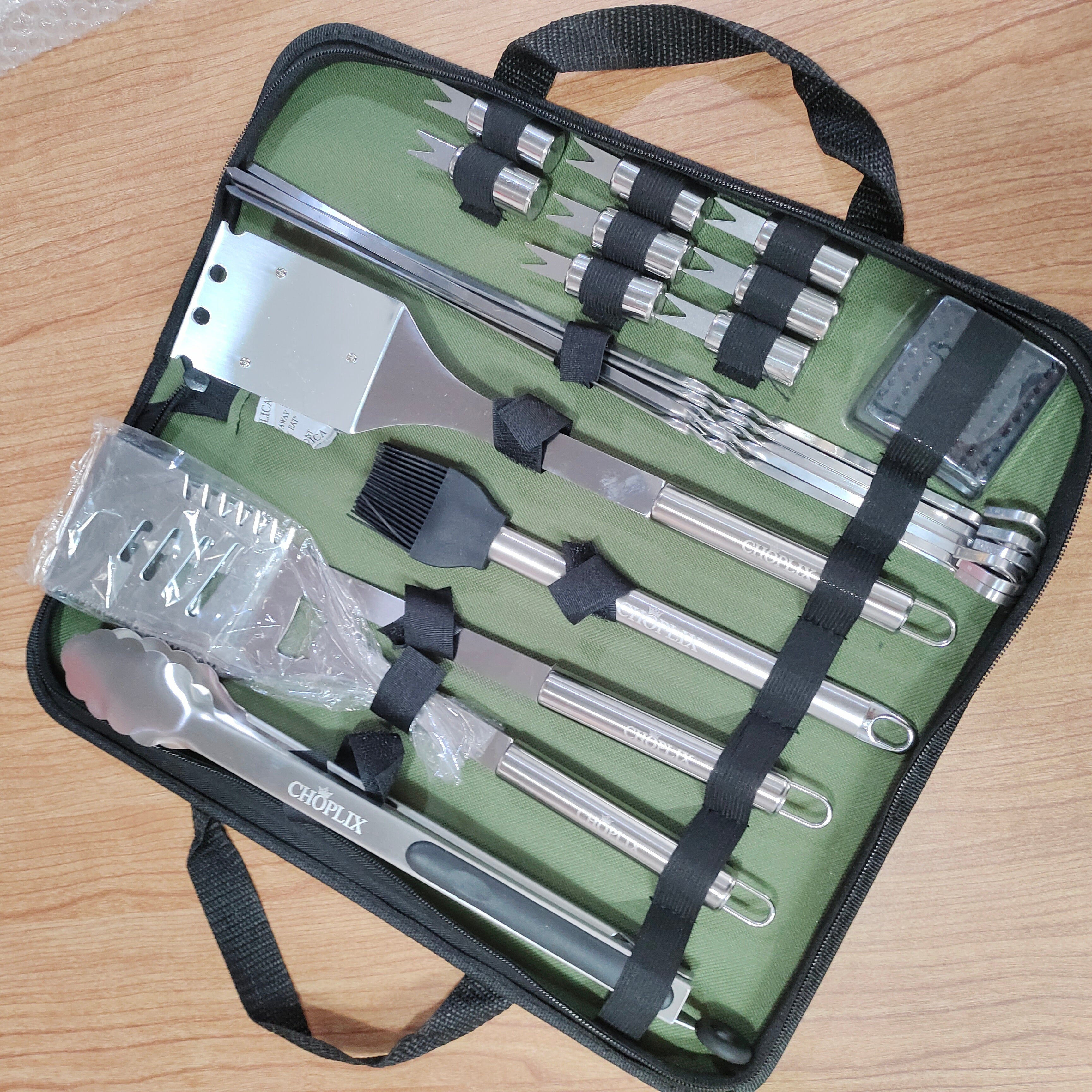 CHOPLIX Premium Stainless Steel Grilling Set - 20 Piece Set with Olive Carry Bag