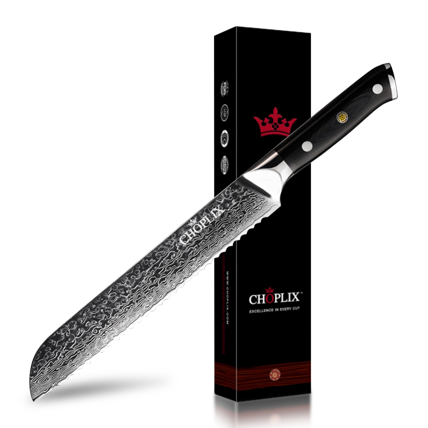 Midnight Diamond Series 8-inch Bread Knife - 67 Layers Damascus Steel Blade with G10 Handle - CHOPLIX