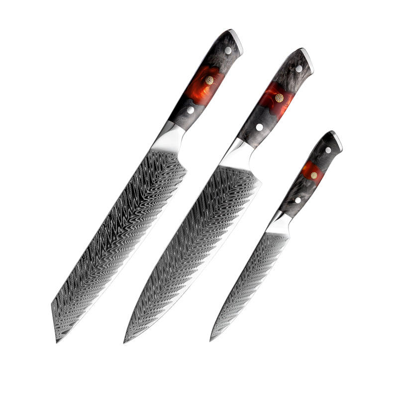 EmberSharp Series 3-Piece Knife Set – 67 Layers Damascus Steel Blades with Resin & Solidified Wood Handles - CHOPLIX