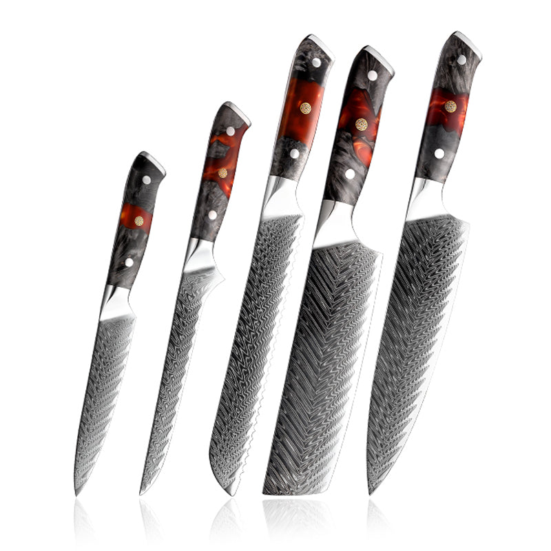 EmberSharp Series 5-Piece Knife Set – 67 Layers Damascus Steel Blades with Resin & Solidified Wood Handles - CHOPLIX