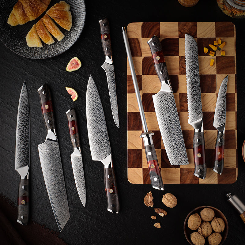 EmberSharp Series 5-Piece Knife Set – 67 Layers Damascus Steel Blades with Resin & Solidified Wood Handles - CHOPLIX