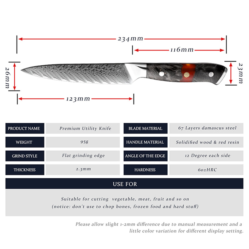 EmberSharp Series 5-inch Utility Knife – 67 Layers Damascus Steel Blades with Solidified Wood + Red Resin Handle - CHOPLIX