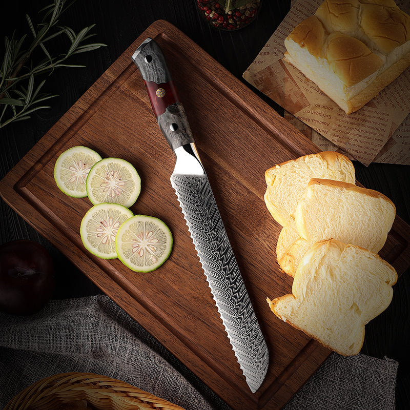 EmberSharp Series 8-inch Bread Knife – 67 Layers Damascus Steel Blades with Solidified Wood + Red Resin Handle - CHOPLIX