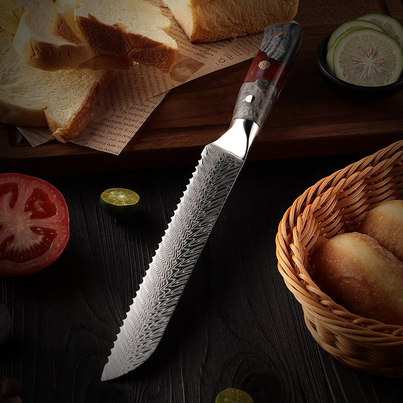 EmberSharp Series 8-inch Bread Knife – 67 Layers Damascus Steel Blades with Solidified Wood + Red Resin Handle - CHOPLIX