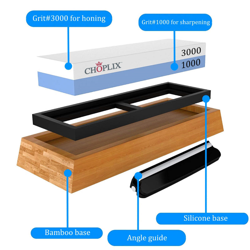 Dual-Sided Sharpening Stone - Grit 1000/3000 with Bamboo Base - CHOPLIX