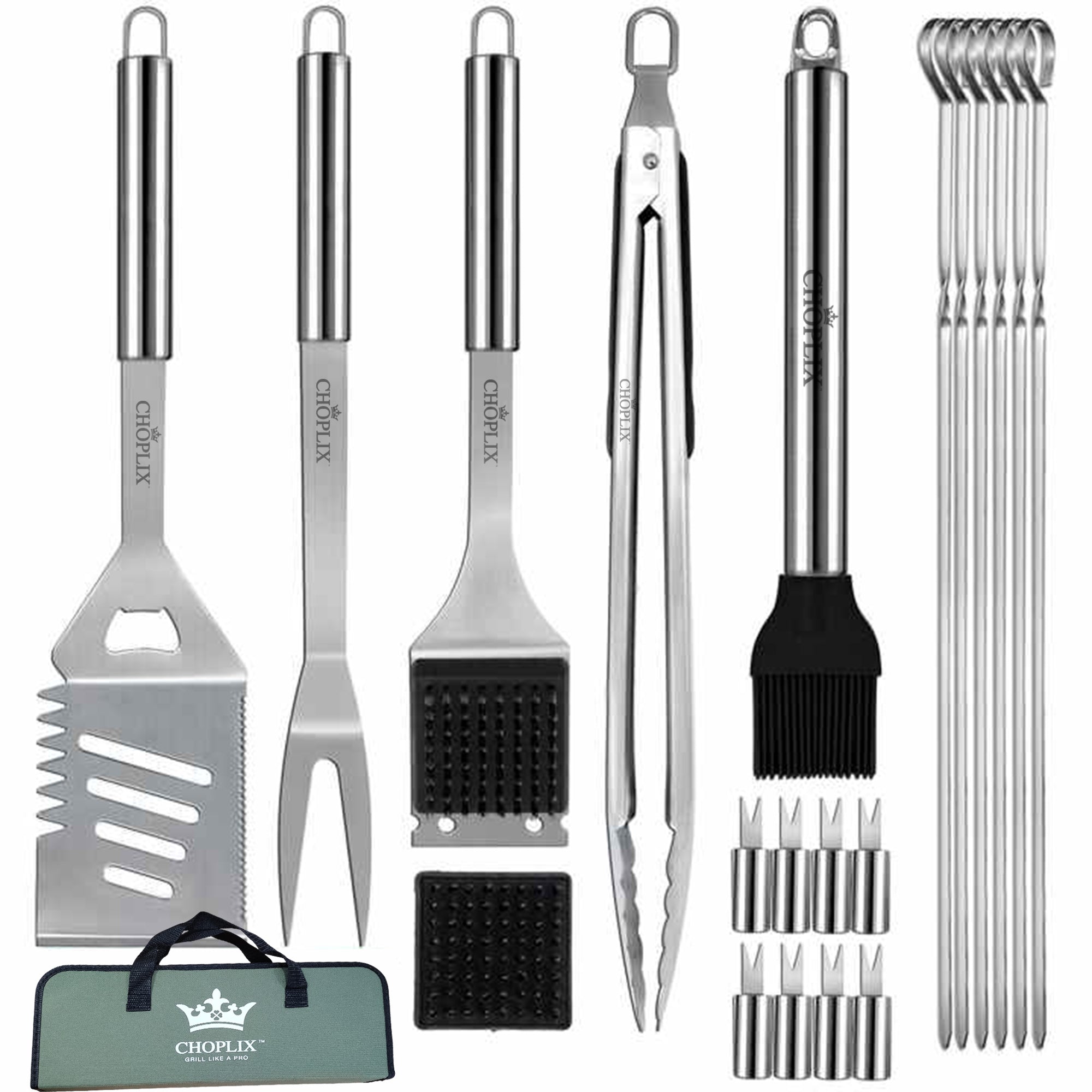 CHOPLIX Premium Stainless Steel Grilling Set - 20 Piece Set with Olive Carry Bag