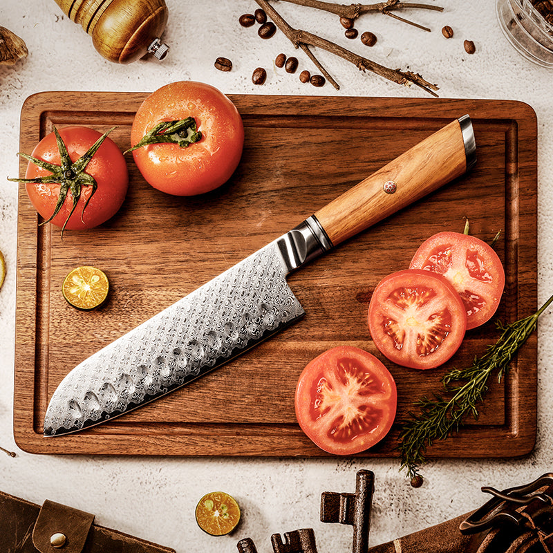 Legacy Forge 7-inch Santoku Knife - 67 Layer Damascus Blade with Resin+Olive wood Handles - CHOPLIX