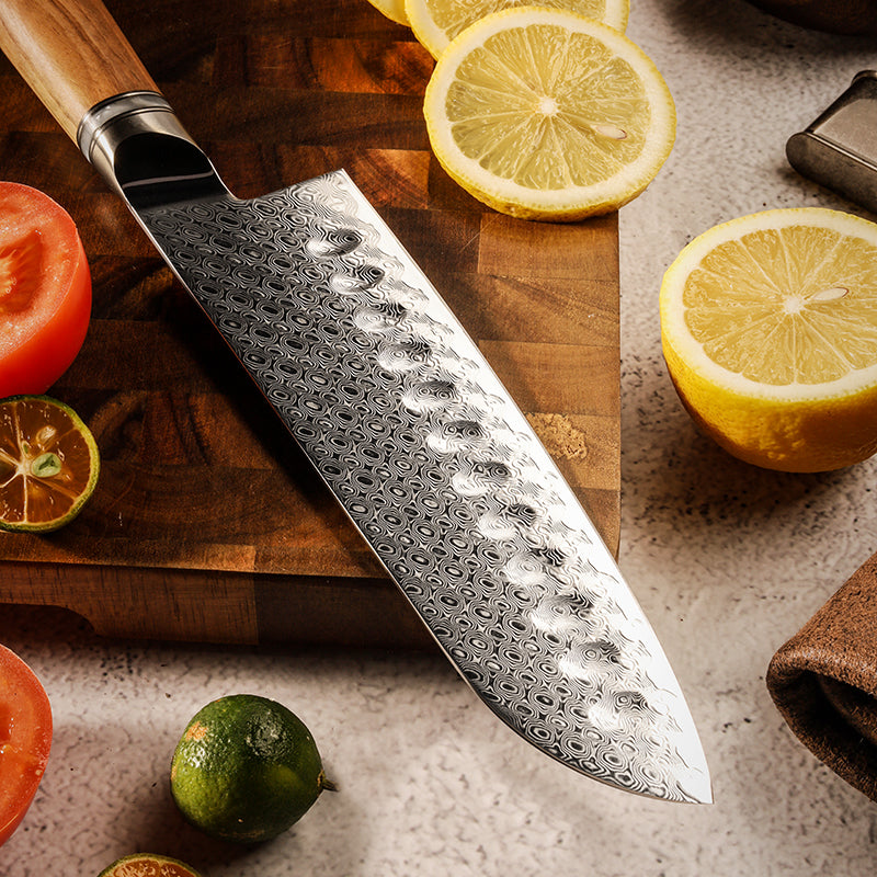 Legacy Forge 7-inch Santoku Knife - 67 Layer Damascus Blade with Resin+Olive wood Handles - CHOPLIX