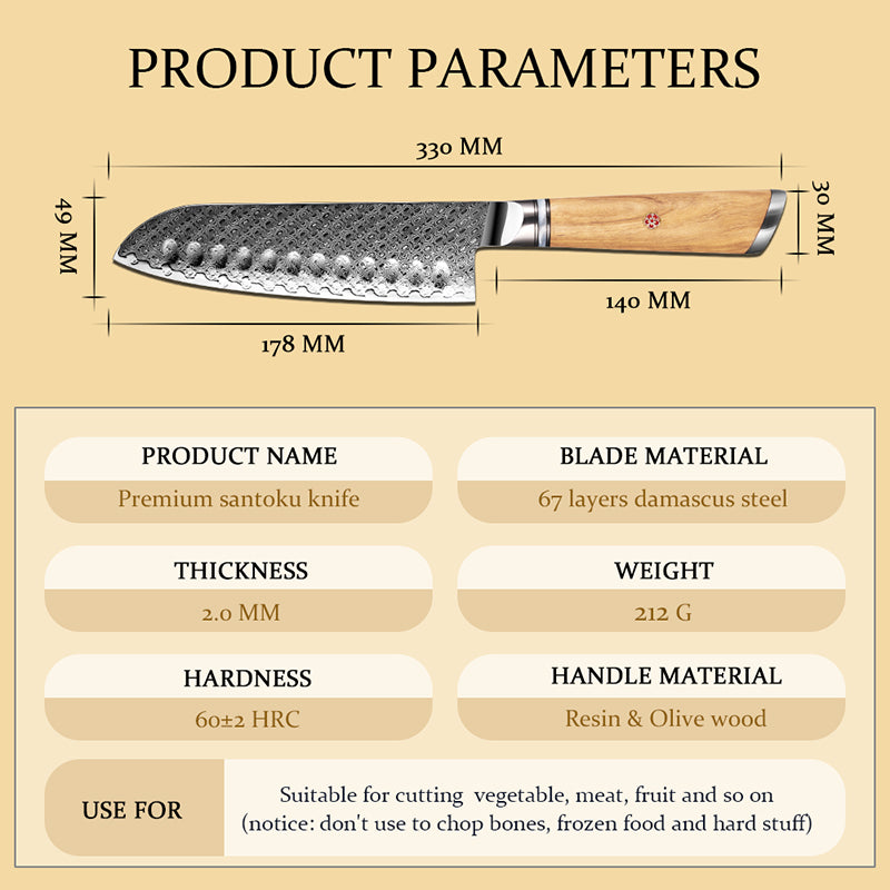 Legacy Forge 7-inch Santoku Knife - 67 Layer Damascus Blade with Resin+Olive wood Handles - CHOPLIX