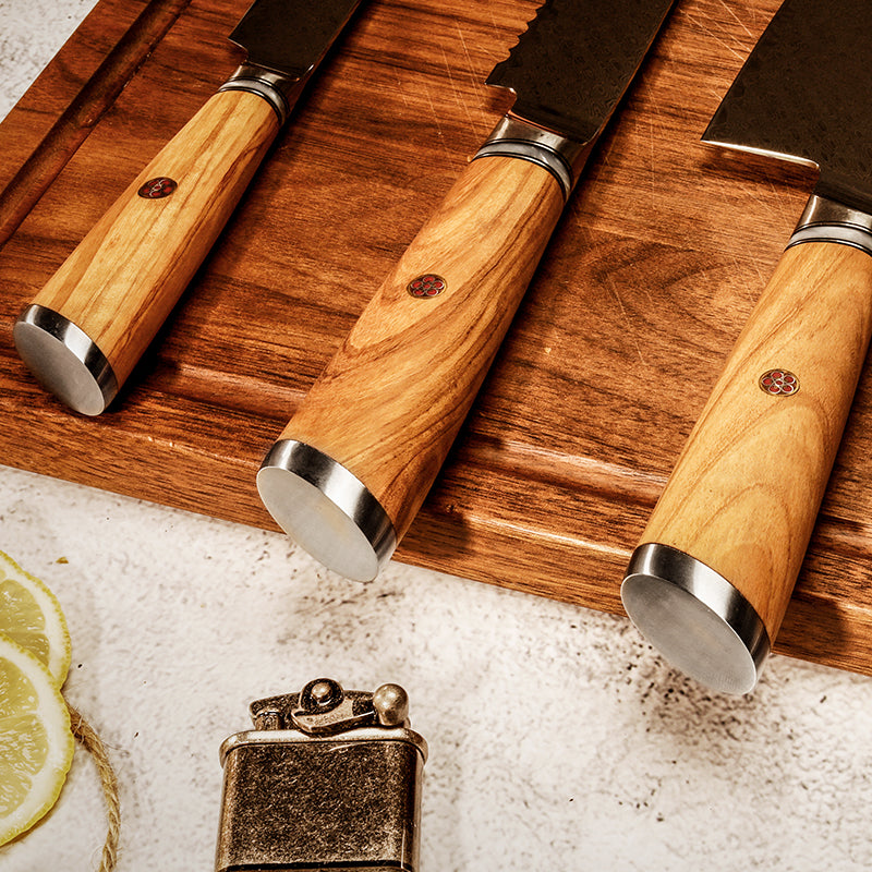 Legacy Forge Series 3-Piece Knife Set - Damascus Steel Blades with Resin and Olive Wood Handles - CHOPLIX