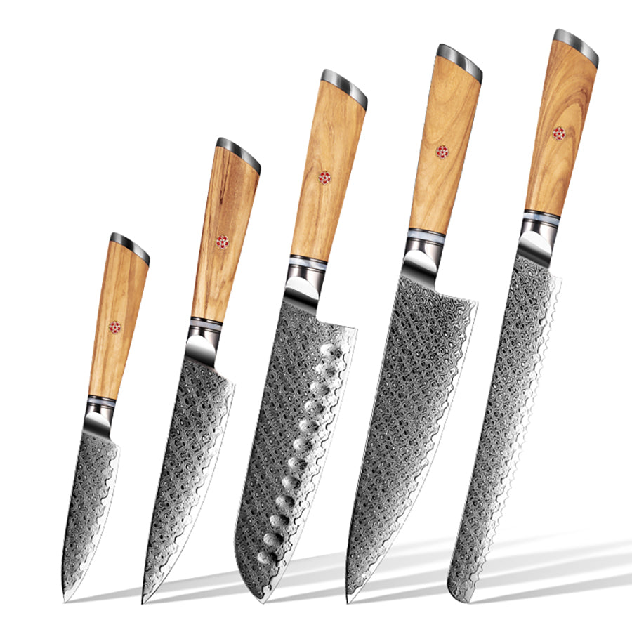 Legacy Forge Series 5-Piece Knife Set - Damascus Steel Blades with Resin and Olive Wood Handles - CHOPLIX