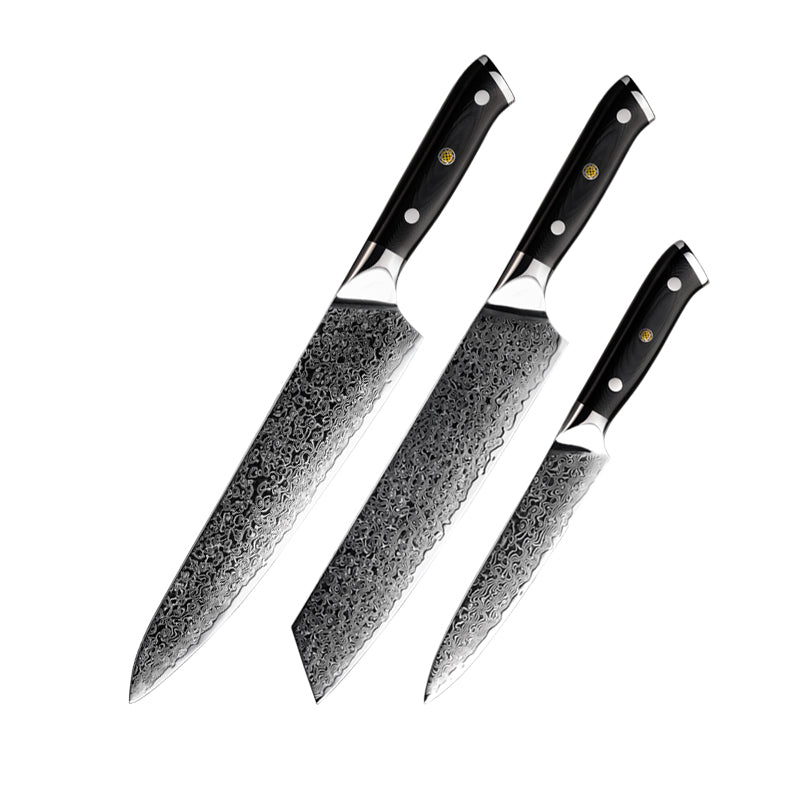 Midnight Diamond Series 3-Piece Knife Set - Damascus Steel Blades with G10 Handles - CHOPLIX