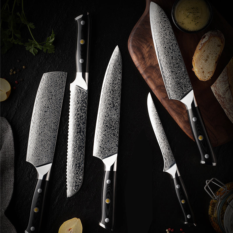 Midnight Diamond Series 5-Piece Knife Set - Damascus Steel Blades with G10 Handles - CHOPLIX