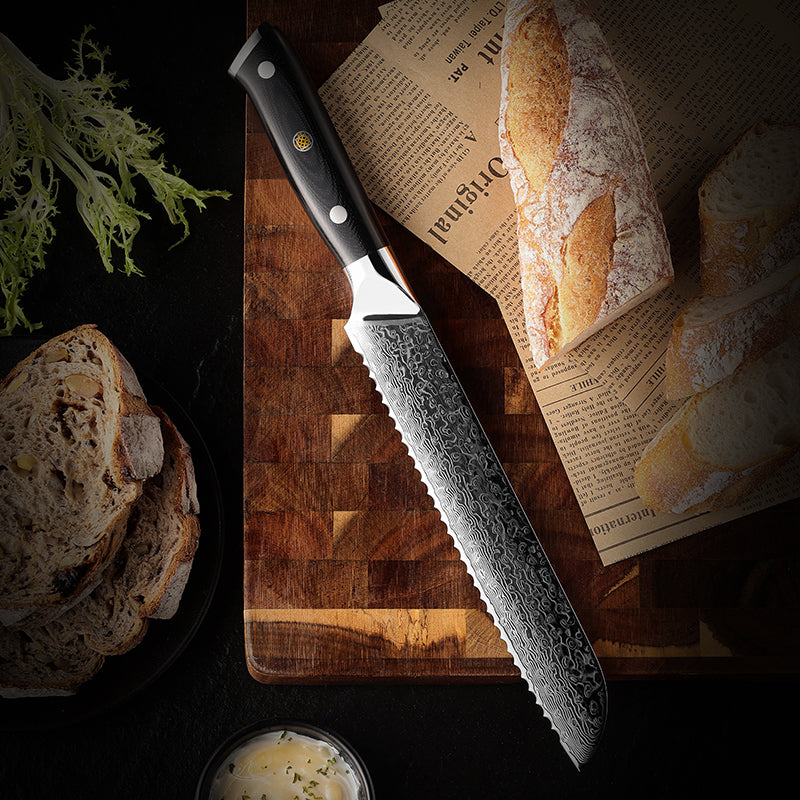 Midnight Diamond Series 8-inch Bread Knife - 67 Layers Damascus Steel Blade with G10 Handle - CHOPLIX