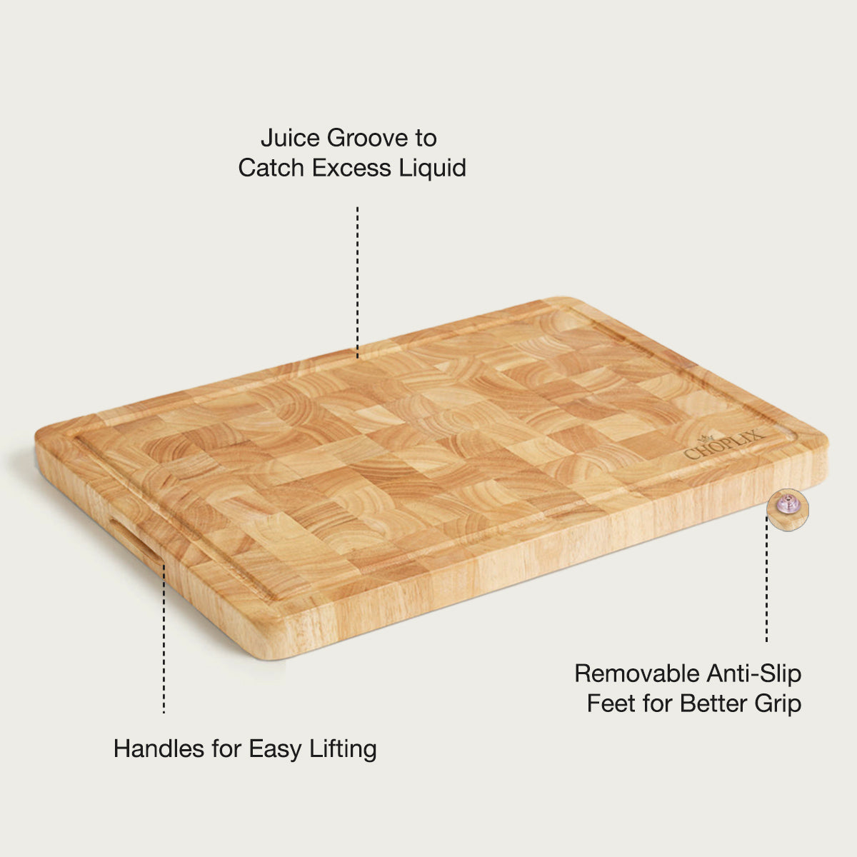 RubberWood Chef’s Choice Cutting Board – 17"x13"x1.5" BPA-Free Wooden Chopping Board with Juice Groove, Soft Rubber Feet & Built-in Handles